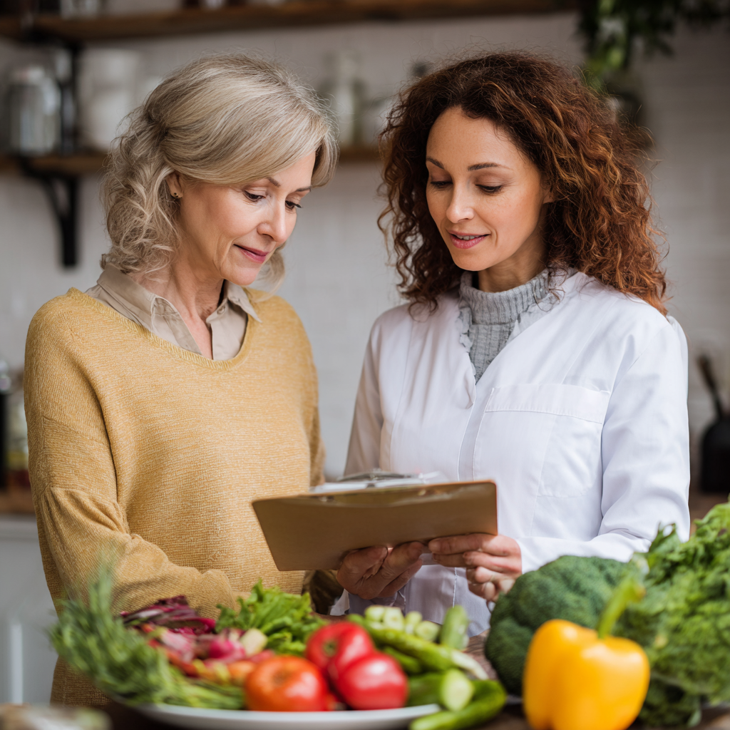 Mature woman consulting with nutritionist about healthy meal planning