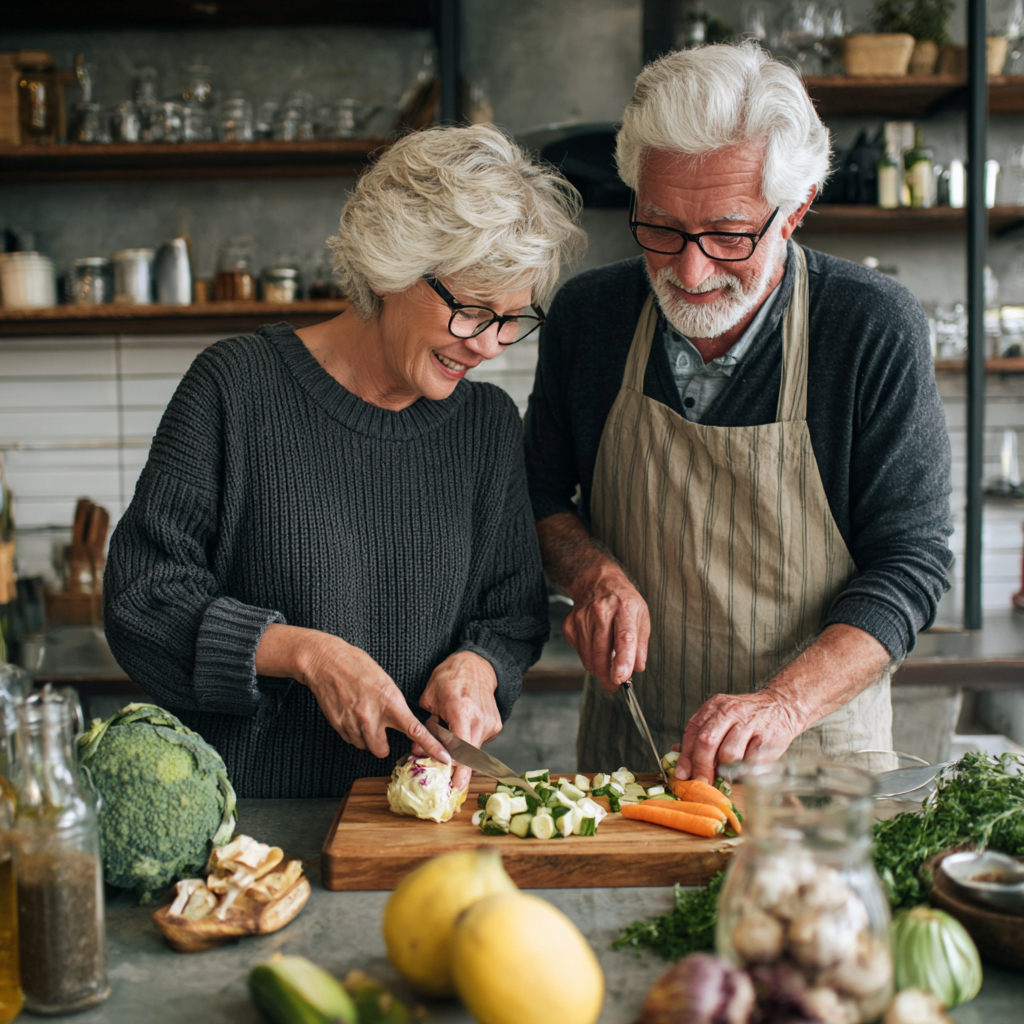 Senior couple preparing nutritious meal together in modern kitchen